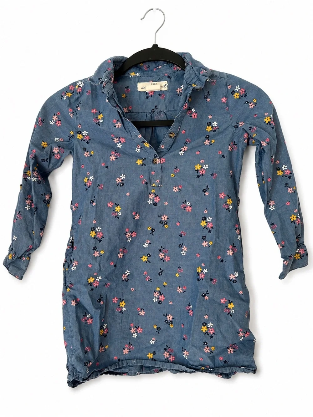 L.O.G.G. Girls Blue Chambray 100% Cotton Floral Long Sleeve Shirt Dress Pocket 6